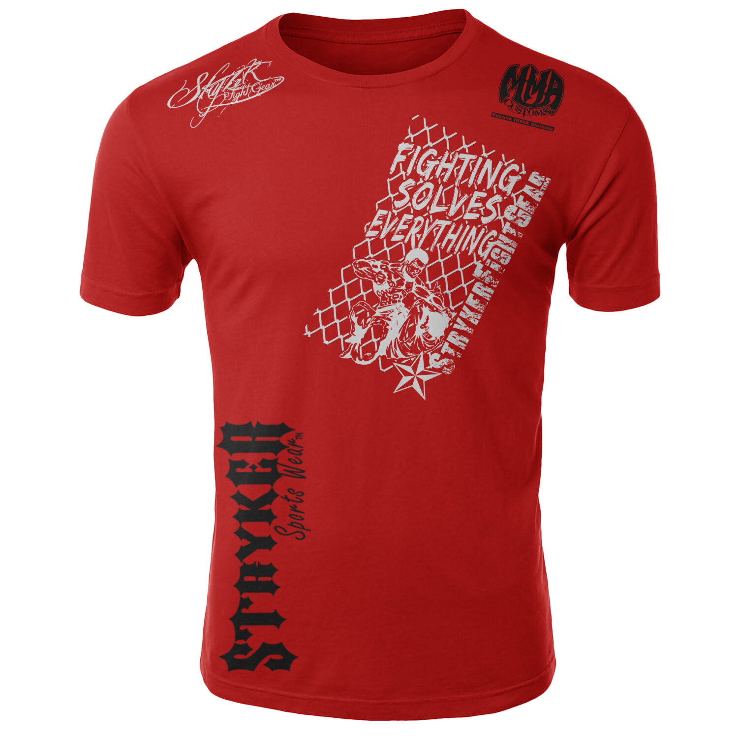 Stryker Fight Gear Fighting Solves Everything Adult MMA T - Shirt Red Black White Logos