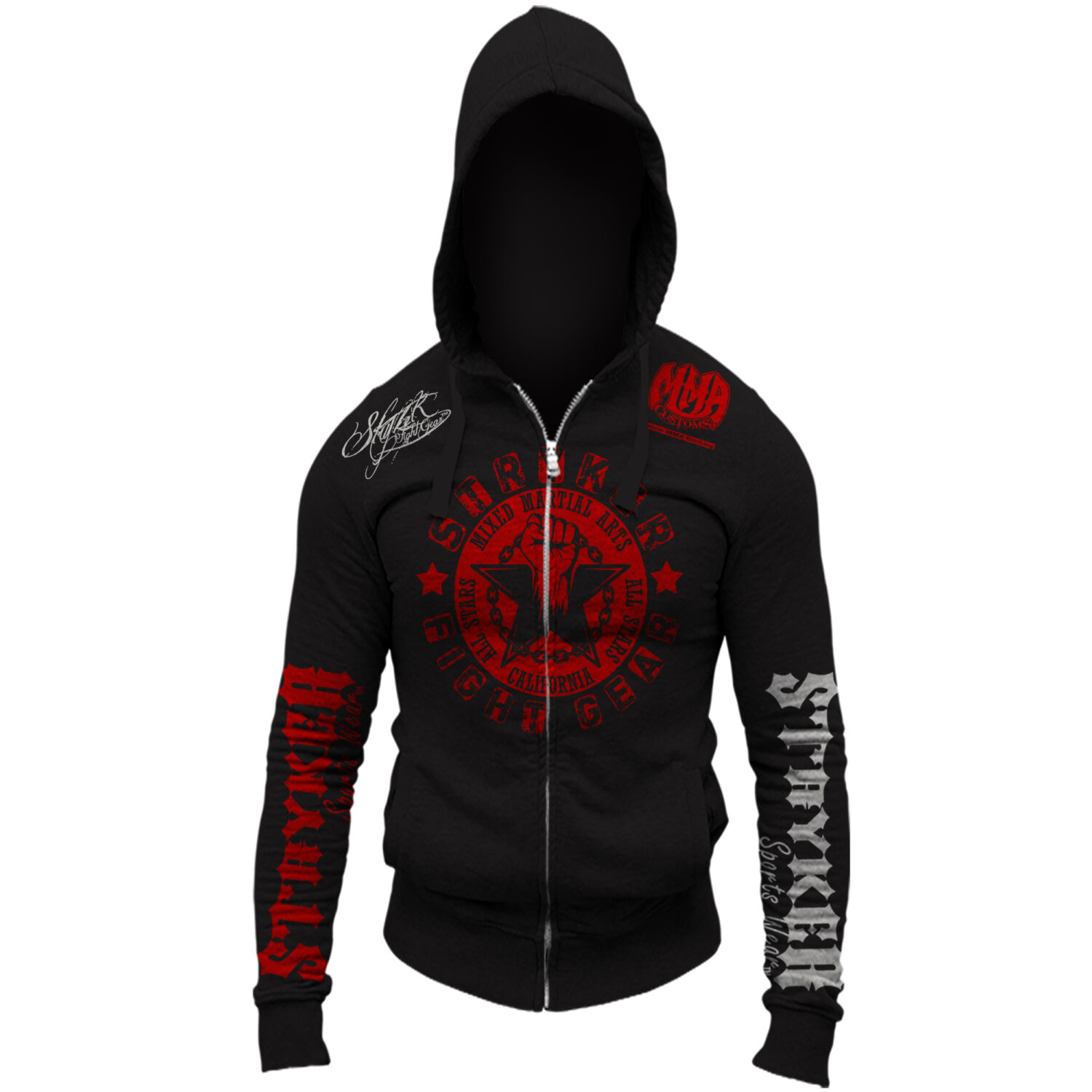 Stryker Fight Gear MMA California All Star Adult Full Zip Up Hoody Black Red White Logos
